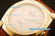 Rolex Cellini Swiss Quartz Yellow Gold Case with White Dial and Brown Leather Strap-Numeral Markers