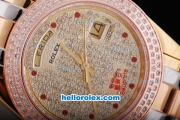 Rolex Day-Date Automatic Movement with Diamond Golden Dial and Full Diamond Rose Gold Bezel-Red Marking