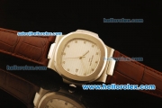 Patek Philippe Nautilus Swiss ETA 2824 Automatic Steel Case with White Dial and Brown Leather Strap