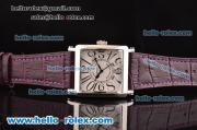 Franck Muller Master Square Swiss Quartz Steel Case with Numeral Markers White Dial and Purple Leather Strap