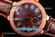 Cartier Ballon Bleu De Small Swiss Quartz Rose Gold Case with Diamonds Bezel Brown Dial and Brown Leather Strap - White Markers