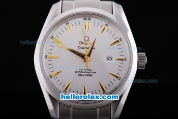 Omega Seamaster Automatic Movement Silver Case with Gold Stick Marker and White Dial-SS Strap