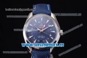 Omega Seamaster Aqua Terra 150 M GMT Clone Omega 8605 Automatic Steel Case with Blue Dial Stick Markers and Blue Leather Strap (EF)