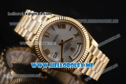 Rolex Day-Date Clone Rolex 3255 Automatic Yellow Gold Case/Bracelet with Silver Dial and Roman Numeral Markers