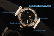 Hublot Big Bang Swiss Quartz Movement Steel Case with Black Dial and Diamond Bezel-Black Rubber Strap