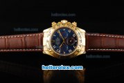 Rolex Daytona Swiss Valjoux 7750 Automatic Movement Gold Case with Blue Dial-Gold Numeral Markers and Brown Leather Strap