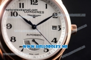 Longines Master Power Reserve Swiss ETA 2824 Automatic Rose Gold Case with White Dial and Brown Leather Strap Arabic Numeral Markers