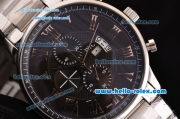 IWC Portuguese Chrono Japanese Miyota OS10 Quartz Steel Steel Case Roman Markers with Stainless Steel Strap and Black Dial