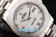 Rolex Day Date II Automatic Movement Full Steel with Double Row Diamond Bezel with Diamond Markers and White MOP Dial