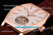 Vacheron Constantin Malte Tourbillon Swiss Tourbillon Manual Winding Rose Gold Case with Brown Alligator Strap White Dial and Diamond Bezel