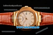 Patek Philippe Nautilus Asia Automatic Yellow Gold Case with White Dial Brown Leather Strap and Stick Markers