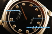 Rolex Cellini Swiss Quartz Steel Case with Black Dial and Black Leather Strap-Diamond Markers