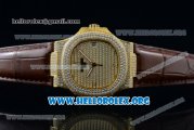 Patek Philippe Nautilus Miyota 9015 Automatic Yellow Gold Case with Diamond Dial and Brown Leather Strap
