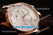 1:1 Jaeger-LECoultre Master Georgraphic Miyota 9015 Automatic Rose Gold Case with Silver Dial Stick Markers and Brown Genuine Leather