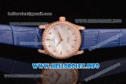 Omega De Ville Prestige Miyota Quartz Rose Gold Case with White MOP Dial Diamonds Bezel and Blue Leather Strap Omega De Ville Prestige Miyota Quartz Rose Gold Case with White MOP Dial Diamonds Bezel and Blue Leather Strap