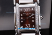 Patek Philippe Ref.4910 Swiss ETA Quartz Movement Diamond Bezel and Marking with Brown Dial Lady Model and Brown Leather Strap