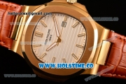 Patek Philippe Nautilus Asia Automatic Yellow Gold Case with White Dial Brown Leather Strap and Stick Markers