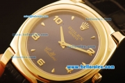 Rolex Cellini Swiss Quartz Yellow Gold Case with Grey Dial and Black Leather Strap-Numeral Markers