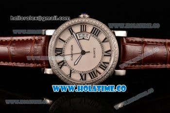 Cartier Rotonde De Miyota Quartz Steel Case with White Dial Diamonds Bezel and Black Roman Numeral Markers