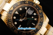 Rolex GMT-Master Oyster Perpetual Swiss ETA 2836 Automatic Movement Full Gold with Black Bezel and Black Dial - White Markers