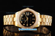 Rolex Day-Date II Automatic Movement Full Gold with Double Row Diamond Bezel-Black Dial and Diamond Markers