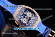 Franck Muller Vanguard Miyota OS20 Quartz Rose Gold Case with Blue Dial Blue Leather Strap Arabic Numeral Markers and Diamonds Bezel