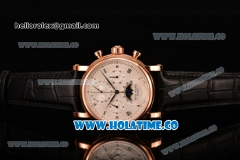 Patek Philippe Grand Complication Chrono Venus 7750 Manual Winding Rose Gold Case with White Dial Black Leather Strap and Roman Numeral Markers