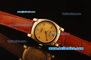 Rolex Cellini Swiss Quartz Yellow Gold Case with Yellow Gold Dial and Brown Leather Strap-Numeral Markers