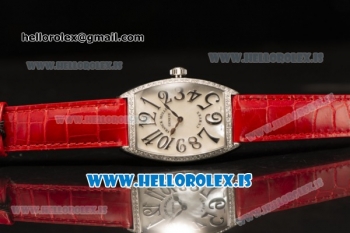 Franck Muller CINTR?E CURVEX Diamond Bezel With Red Calfskin Strap Swiss Ronda 762 Quartz White Dial