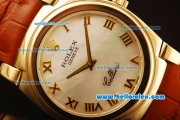 Rolex Cellini Swiss Quartz Yellow Gold Case with White MOP Dial and Brown Leather Strap-Roman Markers