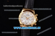 Rolex Cosmograph Daytona Clone Rolex 4130 Automatic Yellow Gold Case with White Dial Diamonds Markers and Black Leather Strap (EF)