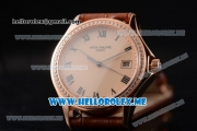 Patek Philippe Calatrava Miyota 9015 Automatic Rose Gold Case with Rose Gold Dial Brown Leather Strap and Roman Numeral Markers Diamonds Bezel