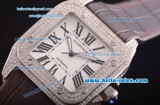 Cartier santos 100 Asia 2813 Automatic with Diamond Bezel and White Dial--Dark Red Leather Strap