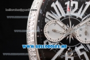 Franck Muller Vanguard Miyota OS20 Quartz Steel Case with Black Dial Black Leather Strap and White Subdials Diamonds Bezel