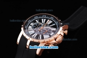 Roger Dubuis Excalibur Chronograph Quartz Movement Rose Gold Case with Black Dial-White Markers and Black Rubber Strap