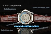 Patek Philippe Complicated World Time Chrono Miyota Quartz Steel Case with White Dial and Brown Leather Strap