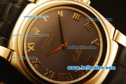 Rolex Cellini Swiss Quartz Yellow Gold Case with Brown Dial and Black Leather Strap-Roman Markers