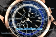 Patek Philippe Complicated World Time Chrono Miyota Quartz Rose Gold Case with Stick Markers and Black Dial