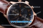 IWC Portugieser Chronograph Swiss Valjoux 7750 Automatic Rose Gold Case with Black Dial Arabic Number Markers and Brown Leather Strap