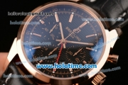 Breitling Transocean Chronograph GMT Swiss Valjoux 7750 Automatic Rose Gold Case with Black Leather Bracelet Stick Markers and Black Dial