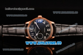 IWC Portugieser Hand-Wound Asia 6497 Manual Winding Rose Gold Case with Black Dial Black Leather Strap and White Arabic Numeral Markers