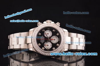 Rolex Daytona Swiss Valjoux 7750-SHG Automatic Steel Case/Strap with Double Row Diamond Bezel - Black Dial and Diamond Markers