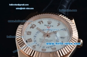 Rolex Sky-Dweller Asia 2813 Automatic Rose Gold Case Numeral Markerswith Black Leather Strap and White Dial