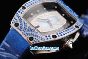 Richard Mille RM007 Automatic Movement Silver Case with Diamond Hour Marker and Blue Diamond Bezel-Blue Leather Strap
