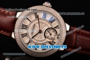 Cartier Ballon Bleu De Small Swiss Quartz Steel Case with Diamonds Bezel White Dial and Brown Leather Strap - Black Markers