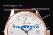 Longines Master Swiss ETA 2824 Automatic Rose Gold Case with White Dial Diamonds Markers and Brown Leather Strap (ZF)