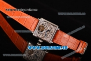 Minorva Swiss Tourbillon Manual Winding Steel Case with Orange Leather Strap and Skeleton Dial