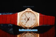 Omega Constellation Swiss ETA Quartz Rose Gold Case with Diamond Bezel and Red Leather Strap