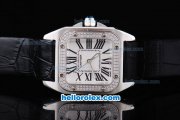 Cartier Santos 100 Automatic Diamond Bezel with White Dial and White Case -Roman Numerals Marking-Black Leather Strap