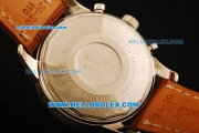 Breitling Transocean Chronograph Quartz Steel Case with White Dial and Silver Markers-Brown Leather Strap